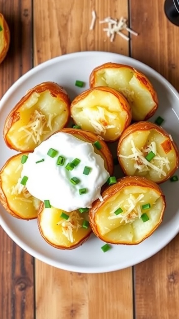 Crispy air fryer baked potatoes topped with sour cream, cheese, and chives on a rustic wooden table.